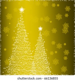 Two Christmas trees on golden background