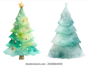 Two Christmas trees, one green and one blue, with a star on top of the green one. The green tree has a star on top of it, while the blue tree has a star on the top of it as well