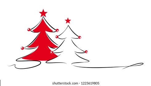 two christmas trees in red, black, white with stars and christmas balls