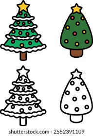 Two Christmas trees. Simple icons, characters, clipart with bold black lines. Vector.