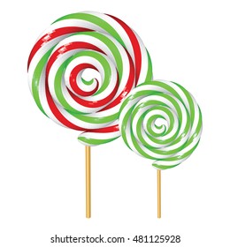 Two Christmas Twisted Lollipops Isolated on White. Striped Candies in Red Green and White. Vector Low Poly Realistic Illustration.