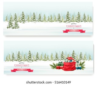 Zwei Weihnachtswinterbanner mit bunten Geschenken Vector. 