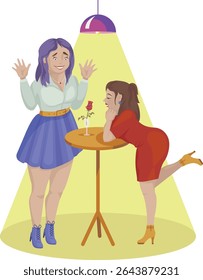 two chubby girls are happy. There's a flower in a glass on the table