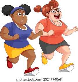 Two Chubby Women Running Together illustration