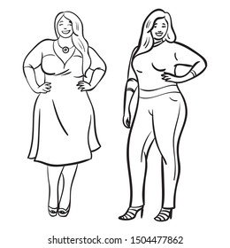 two chubby women and whole bodies who stand confidently   smile   monochrome cartoon illustration 