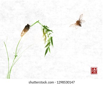 Two cicadas and bamboo branch on rice paper background. Traditional oriental ink painting sumi-e, u-sin, go-hua. Hieroglyph - clarity