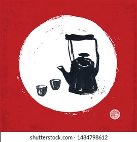 Two cicadas and bamboo branch in white circle on red background. Traditional Japanese ink painting sumi-e, u-sin, go-hua. Hieroglyphs - eternity, freedom, happiness