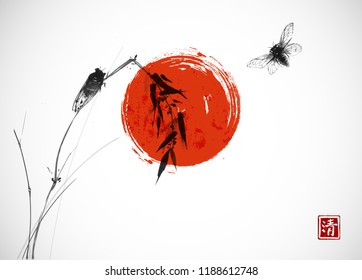 Two cicadas, big red sun and bamboo branch. Traditional oriental ink painting sumi-e, u-sin, go-hua. Hieroglyph - clarity