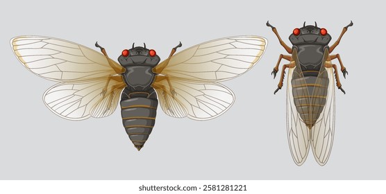 Two cicadas with intricate wing patterns and red eyes