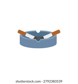 Two Cigarettes in Blue Ceramic Ashtray Vector Illustration, Flat Isolated Smoking Clip Art