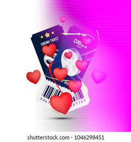 Two cinema realistic ticket with red hearts for Valentines day isolated on colour background with shadow. Flat vector illustration EPS 10