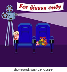 Two cinema seats with popcorn and bouquet. Vector illustration