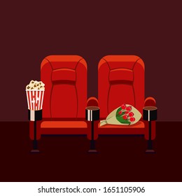 Two cinema seats with popcorn and bouquet. Vector illustration