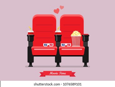 Two cinema seats with popcorn drinks and glasses. Vector illustration