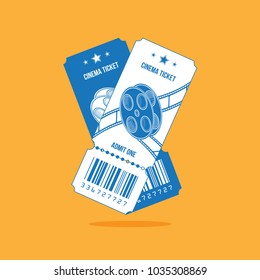 Two cinema ticket with blue lines isolated on orange background. Flat vector illustration EPS 10.