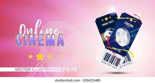 Two cinema ticket realistic on pink and light background with shadow. Flat vector illustration EPS 10.