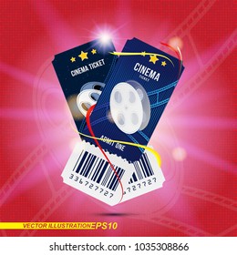 Two cinema ticket realistic on red and light background with shadow. Flat vector illustration EPS 10.