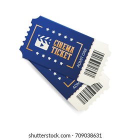 Two cinema tickets with barcode, close up top view isolated on white background. Creative vector concept, movie banner.