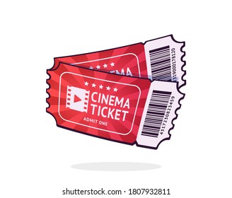 Two cinema tickets with barcode. Pair paper retro coupons for movie entry. Symbol of the film industry. Cartoon vector illustration with outline. Clip art Isolated on white background