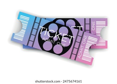 Two cinema tickets with barcode in realistic style gradient colored. Design with film reel. Front view. Cinema ticket template. Vector illustration