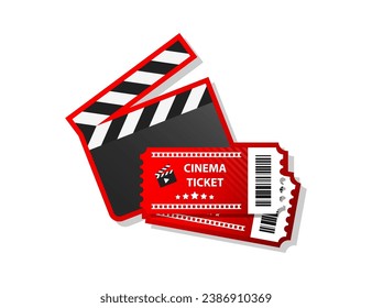 Two cinema tickets and clapper isolated on white background. Realistic icon front view illustration