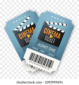 Two cinema tickets isolated on transparent background. Vector template.