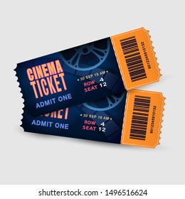 Two Cinema Tickets Isolated On White Background. Pair Movie Entrance Ticket. Realistic Template Set For Cinema, Theatre, Concert, Party, Event Or Festival. Vector Illustration Close Up Top View.EPS 10