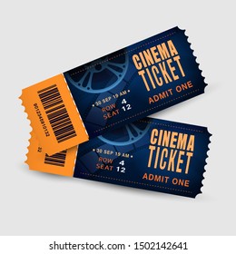 Two cinema tickets isolated on white background. Pair movie entrance ticket. Realistic template set for Cinema, Theatre, Concert, Party, Event or Festival. Vector illustration close up top view.EPS 10