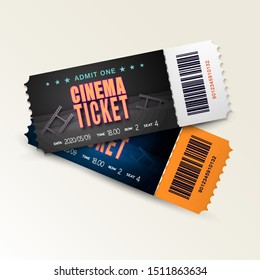Two cinema tickets isolated on white background. Pair movie entrance ticket. Realistic 3D template set for Cinema, Theatre, Concert, Party, Event or Festival. Vector illustration close up front view. 