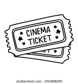 Two cinema tickets isolated on white background. Flat hand drawn cinema ticket. Sketch icon movie entrance ticket. Template admission pass mockup or performance coupon. Art graphic stroke design.