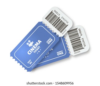 Two cinema tickets. Movie admit one blue paper ticket with realistic shadow vector concept. Vouchers with barcodes. Coupons with tear off elements. Event pass samples. Entry control. Movie premiere