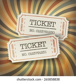 Two cinema tickets. On retro sunburst background