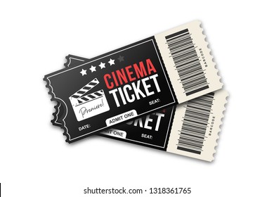 Two cinema tickets on white background. Movie tickets template in black and red colors