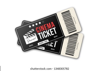 Two cinema tickets on white background. Movie tickets template in black and red colors