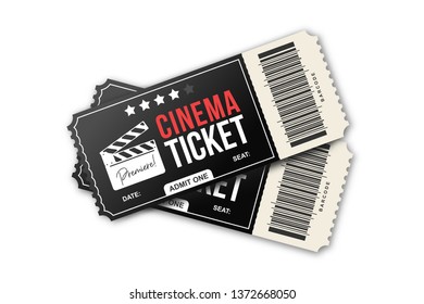 Two cinema tickets on white background. Movie tickets template in black and red colors