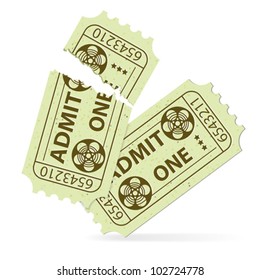 Two Cinema Tickets (Torn and Intact) with Tape Reel, vector illustration