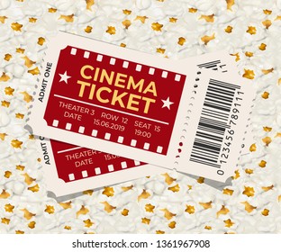 Two cinema tickets vector illustration. Pair of movie, film, show, performance tickets. Theater, concert invitation. Popcorn texture background. Entertainment and cinematography industry