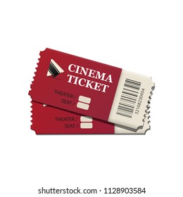 Two cinema vector red tickets isolated on white background. 