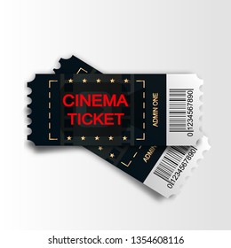 Two cinema vector tickets isolated on white background. Realistic front view illustration. Close up top view on two designed movie tickets