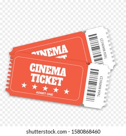 Two cinema vector tickets isolated on transparent background. Realistic front view illustration. Cinema, theater, concert, play, party, event, festival coral color  ticket. realistic template set