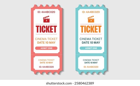 Two cinema vector tickets are isolated on a white background. Realistic front view illustration.
