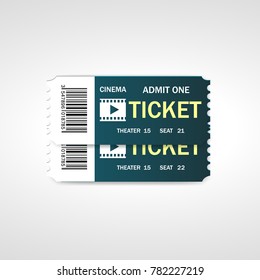 Two cinema vector tickets isolated on white background. Realistic front view illustration.