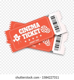 Two cinema vector tickets. Realistic front view illustration. Close up top view on two designed movie tickets.Cinema, theater, concert, play, party, event, festival 