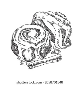 Two cinnamon rolls. Sketch. Engraving style. Vector illustration.