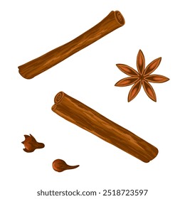 Two cinnamon sticks, coriander, clove isolated on white background. Aromatic spice. Hand drawn vector cartoon illustration. Food icon. Condiment for mulled wine.