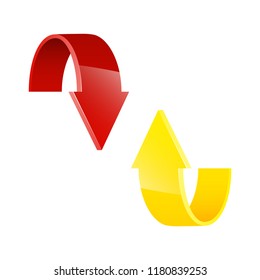 Two circle arrow ribbon. 2 direction round banner shape. Trend arrow stripe form flat icon. Index location. Pointer position. Marker standing. Indicator destination. Origami pointrs design shape set