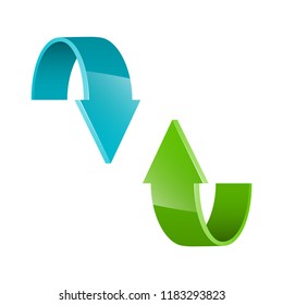 Two circle arrow ribbon. 2 direction round banner shape. Trend arrow stripe form flat icon. Index location. Pointer position. Marker standing. Indicator destination. Origami pointrs design shape set
