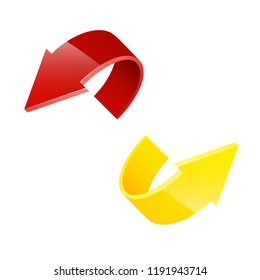 Two circle arrow ribbon. 2 direction round banner shape. Trend arrow stripe form flat icon. Index location. Pointer position. Marker standing. Indicator destination. Origami pointrs design shape set