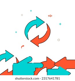 Two circle arrows, recycle filled line vector icon, simple illustration, related bottom border.