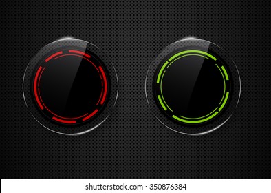 Two circle glass buttons on metal honeycomb background - vector illustration